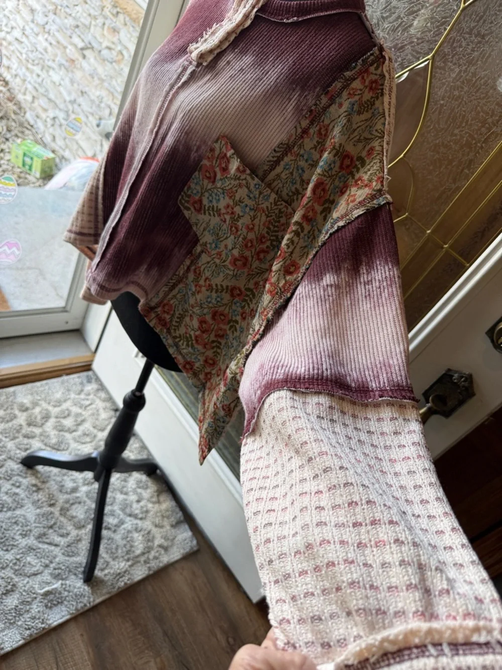 POL WILD BERRY/FLORAL  Cream Tie-Dye Patchwork button down long sleeve top - Picture 2 of 12